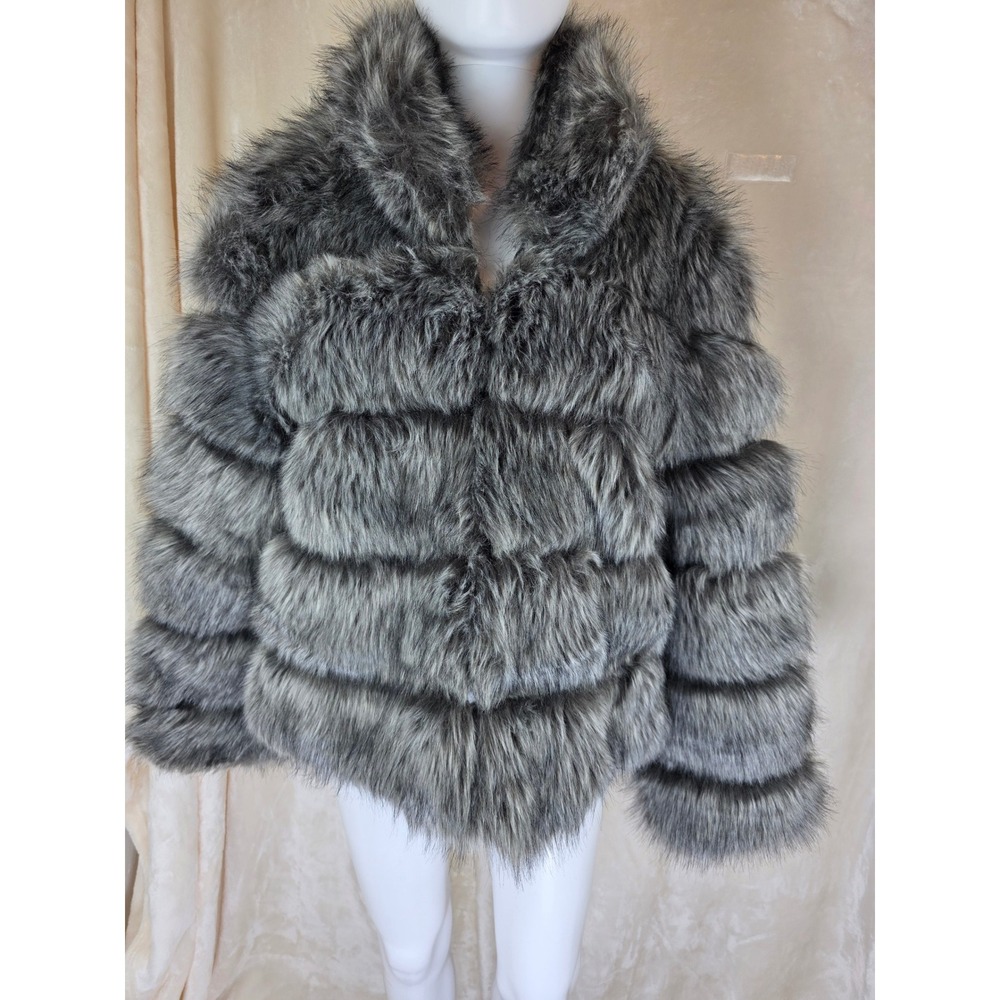 The‎ Beauty Optimal Product Faux Fur Jacket Grey Black Salt Pepper Tiered Coat